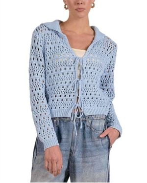 Elan Open Knit Tie Front Sweater - Blue