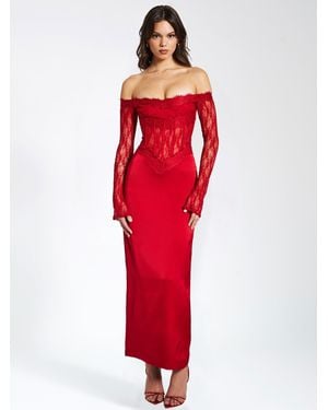 Miss Circle Nessa Lace Satin Corset Maxi Dress - Red