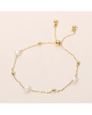 Fashnzfab Pearl Metal Ball Bead Chain Adjustable Cinch Pull Tie Bracelet - Natural