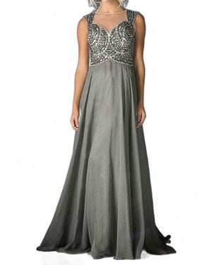 Cinderella Divine Beaded Top Illusion Back Chiffon Gown - Gray