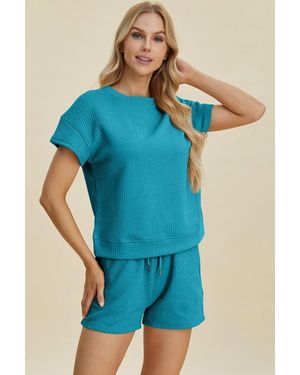 TRUEDAMES Full Size Texture Short Sleeve Top And Shorts Set - Blue
