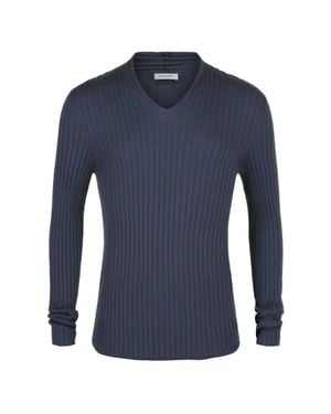Ferragamo V-Neck Wool Knit Sweater - Blue