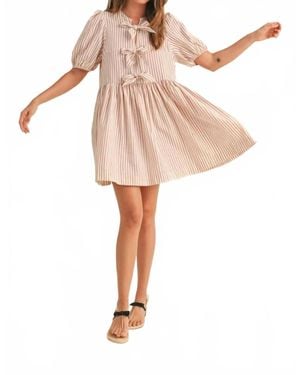Miou Muse Stripe With Bow Tie Front Short Sleeve Dress - Natural