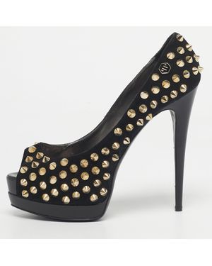Philipp Plein Suede Studded Peep Toe Platform Pumps - Brown