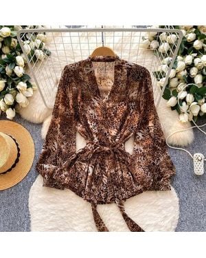 TRUEDAMES Commute Style V-Neck Tie-Waist Leopard Print Blouse - Brown