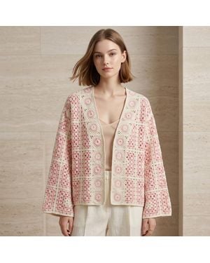 TRUEDAMES Boho Granny Square Crochet Patchwork Open Front Cardigan - Natural