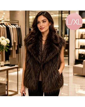 TRUEDAMES Shaggy Plush Faux Fur Open Front Front Collar Winter Vest - Brown