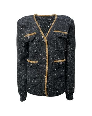 Self-Portrait Embellished Single-Breasted Tweed Jacket - Black