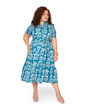 Leota Octavia Puff Sleeve Shirt Dress Palm Fields Mykonos - Blue