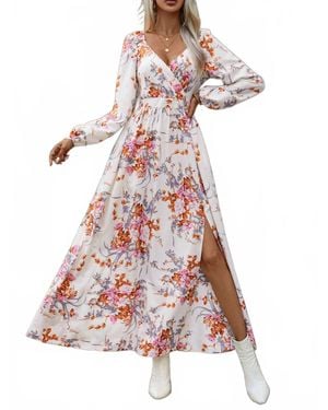 Rosa Clothing Vintage V-Neck Print Long Sleeve Maxi Dress - White