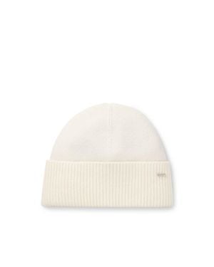 BOSS Cashmere Beanie Hat With Metal Logo Tube - White