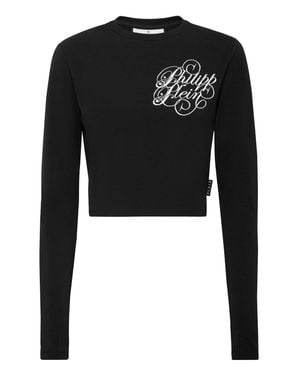 Philipp Plein Modal Long-Sleeved T-Shirt Round Neck Signature - Black