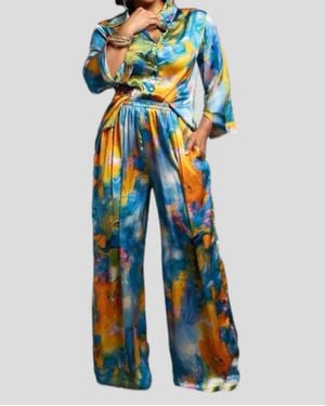 N by Nancy Cool Breeze Button Front Top And Wide Leg Pants Set - Blue