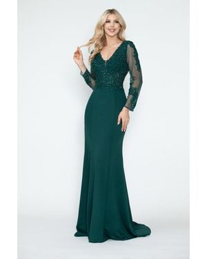 TRUEDAMES Formal Dress V-Neck Beaded Sheath Long Sleeve Evening Gown - Green