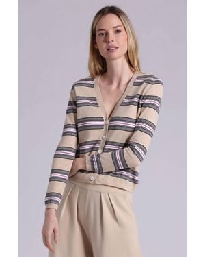 Minnie Rose Cotton Cashmere Striped V Neck Cardigan - Multicolor