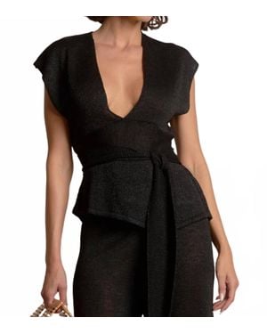 Elan Waist Band Tie Plunge Top - Black