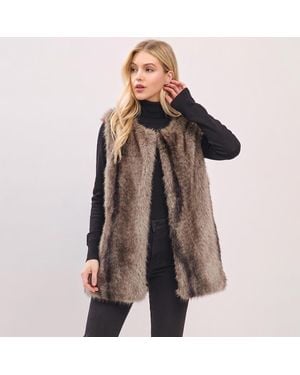 TRUEDAMES Urban Chic Faux Fur Open Front Hidden Fastening Loops Vest - Brown