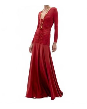 Silvia Tcherassi Lina Long Sleeve V Neck Maxi Dress - Red