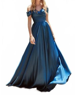 Cinderella Divine Off Shoulder A-Line Satin Dress - Blue