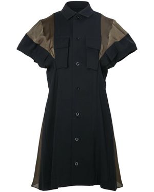 Sacai Structured Wool Suiting Dress With Sheer Panel Details - Black