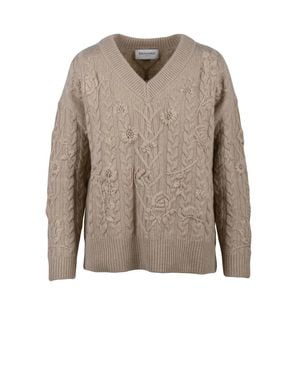 ERMANNO FIRENZE V-Neck Cashmere-Wool Sweater With Floral Embroidery - Brown