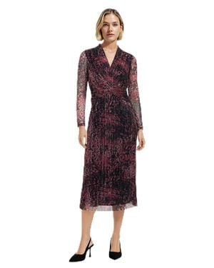 Anne Klein Long Sleeve Twist Front Printed Shine Midi Dress - Red