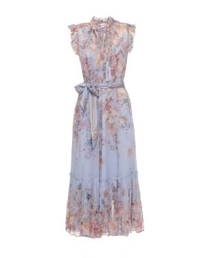 Zimmermann Floral Midi Dress With High Collar And Tassel Laces - Purple