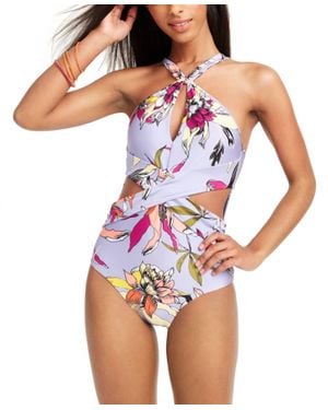 BarIII Printed High-Neck Cutout One-Piece Swimsuit - Blue