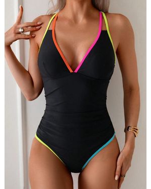 TRUEDAMES Sexy Color Block Triangle One Piece Swimsuit For Bikini - Black