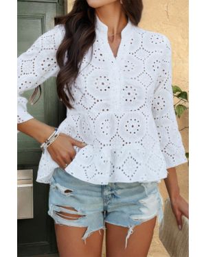 TRUEDAMES Solid Half Button Flounce Sleeve Peplum Blouse - Gray