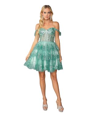 DQ Off-The-Shoulder Short Dress With Corset Bodice And Floral Embellishments Homecoming Dress - Blue