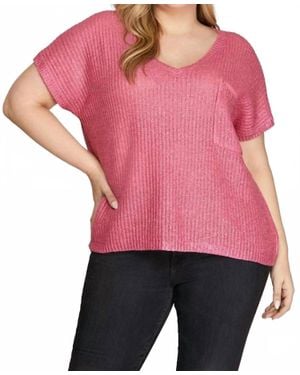 She + Sky Short Sleeve V-Neck Metallic Coated Sweater Top With Front Pocket - Pink