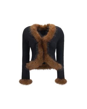 Self-Portrait Faux Fur Trim Cropped Cardigan - Black