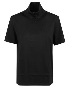 Courreges Ribbed High Collar Zipper Short-Sleeve Top - Black