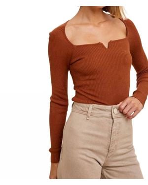 In-Loom Ribbed Knit Square Neck Top - Brown
