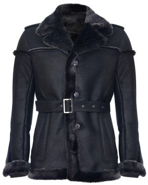 Infinity Leather Merino Sheepskin Suede Jacket With Tie Belt-Granada - Blue