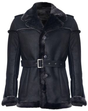 Infinity Leather Merino Sheepskin Suede Jacket With Tie Belt-Granada - Blue