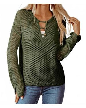fashionworks Open Knit Buttoned Neck Split Sleeve Sweater - Green