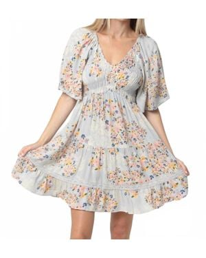 Angie Smocked Bodice V Neck Lace Trim Short Sleeve Dress - Multicolor