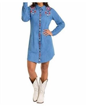 Panhandle Long Sleeve Embroidered Dress - Blue