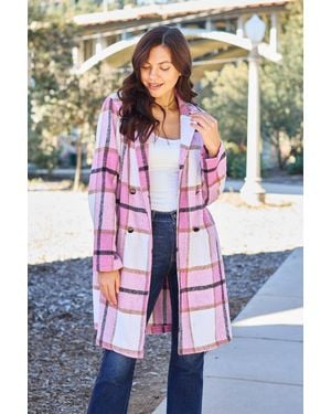 TRUEDAMES Double Take Full Size Plaid Button Up Lapel Collar Coat - Gray