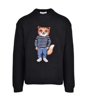 Maison Kitsuné Fox Motif Wool-Blend Crewneck Sweater - Blue