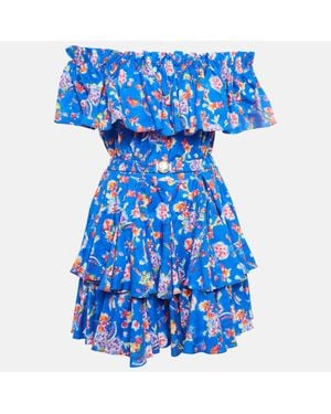 Caroline Constas Printed Cotton Blend Ruffled Mini Dress - Blue