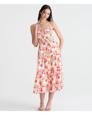 Aéropostale Floral Strapless Smocked Midi Dress - Red