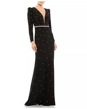 Mac Duggal Belted Jewel Encrusted Plunge Neck Long Sleeve Gown - Black