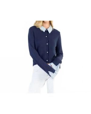 Thml Pearl Button Mixed Media Collared Knit Top - Blue
