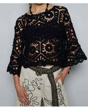 Pol Round Neck Crochet Cropped Top - Black