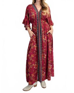 Easel Border Print Challis Maxi Dress - Red