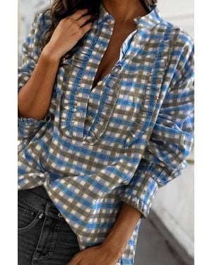 Aapparella Plaid Frilled Detail Half Button Blouse - Blue