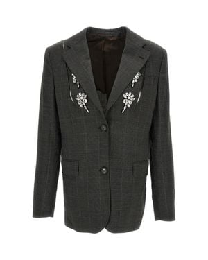 Simone Rocha Slash Crystal Embellished Check Wool Blazer - Black